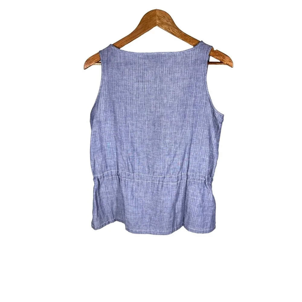 Mary McFadden Petite Womens Sz PL Blue Poplin Sleeveless Top Drawstring Waist